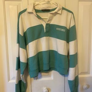 Abercombie & Fitch teal & white striped cropped polo sweatshirt